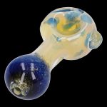 Glass pipe with swirling blue and yellow patterns, featuring a planet-like design in the bulb.