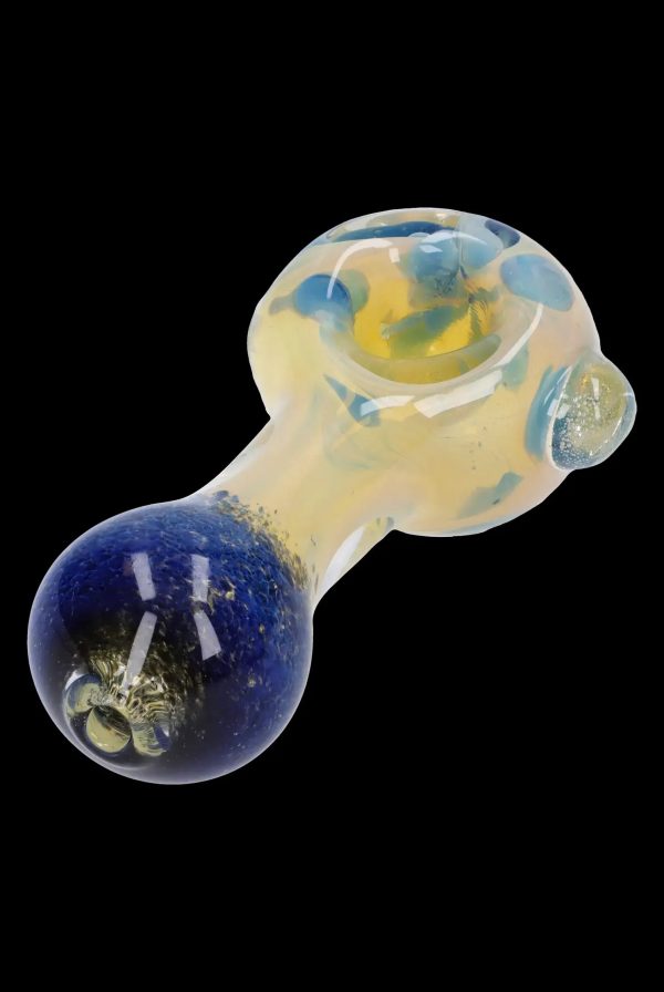 Glass pipe with swirling blue and yellow patterns, featuring a planet-like design in the bulb.