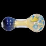 Blue and yellow glass smoking pipe with bubbles.