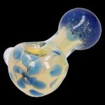 Hand-blown glass pipe with blue and yellow marbled pattern.