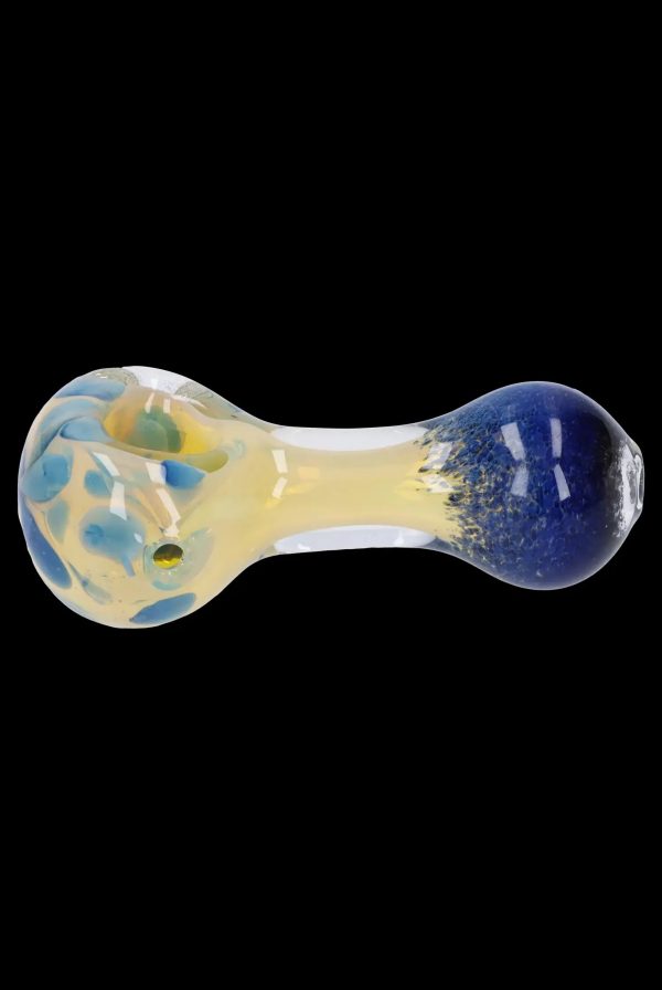 Glass pipe with blue and yellow galaxy-inspired swirls.
