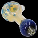 Hand-blown glass pipe with blue and yellow swirling patterns.