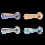 Four colorful glass smoking pipes on a black background.