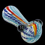 Hand-blown glass pipe with colorful swirling patterns.