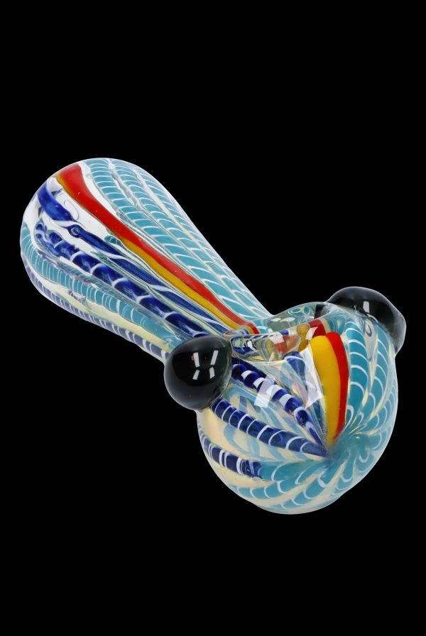 Hand-blown glass pipe with colorful swirling patterns.