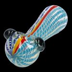 Hand-blown glass pipe with vibrant blue, red, and yellow swirls.