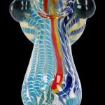 Hand-blown glass water pipe with intricate blue, red, and white swirling patterns.