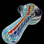 Hand-blown glass pipe with colorful swirling patterns.