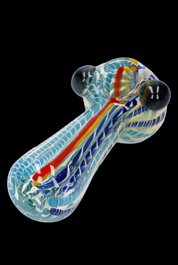 Hand-blown glass pipe with colorful swirling patterns.