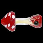 Red and white spotted glass mushroom pipe with a textured bowl.