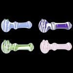 Four glass smoking pipes in pastel colors—lavender, purple, green, and pink—displayed against a black background.
