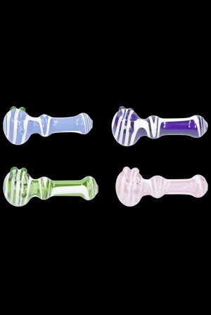 Four glass smoking pipes in pastel colors—lavender, purple, green, and pink—displayed against a black background.