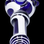 Blue and white striped glass pipe for smoking cannabis.