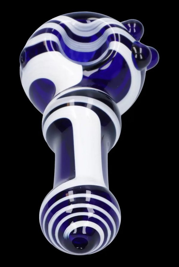 Blue and white striped glass pipe for smoking cannabis.