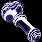 Blue and white striped glass pipe for cannabis use.