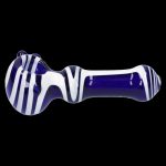 Blue and white striped glass pipe on a black background.