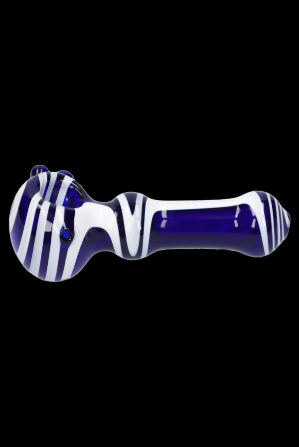 Blue and white striped glass pipe on a black background.