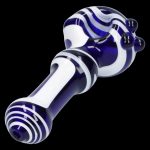 Blue and white striped glass pipe for smoking cannabis.