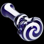A close-up, angled view of the Swirl Color Tube Pipe - 4.5 in, showcasing its swirling color pattern in a sleek glass design.