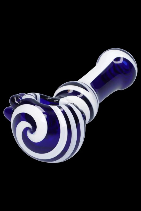 Blue glass pipe with white spiral pattern.