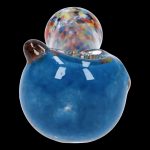 Blue glass cannabis water pipe with colorful speckled bubble carb.