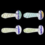 Four glass cannabis pipes with swirling yellow and blue patterns against a black background.