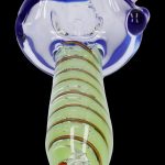 Glass cannabis pipe with blue and green swirling patterns.
