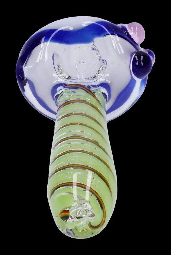 Glass cannabis pipe with blue and green swirling patterns.