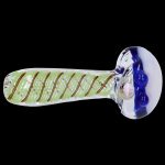 Glass pipe with green and orange stripes, designed for cannabis use.