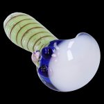 Glass pipe with striped green and gold stem and blue speckled bowl.