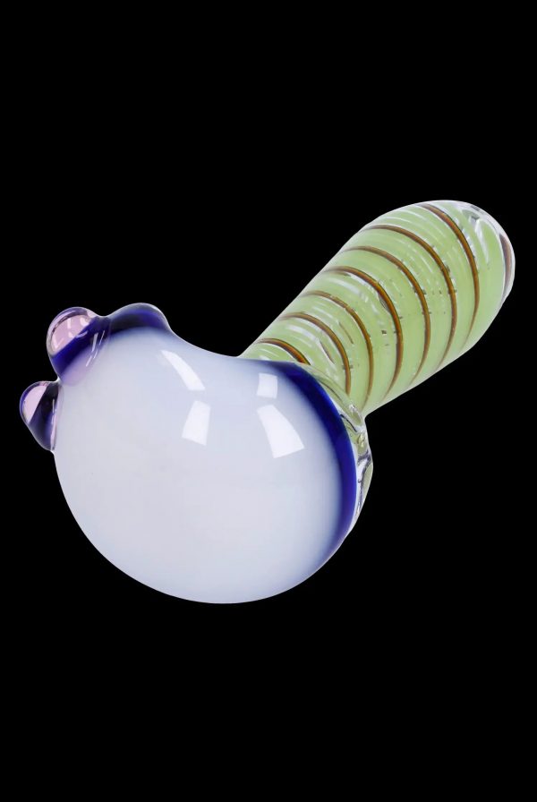 Glass pipe with iridescent blue and green swirls.