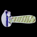 Glass pipe with green and orange striped stem and blue bowl.