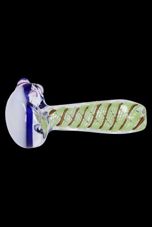 Glass pipe with green and orange striped stem and blue bowl.