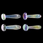 Four colorful glass oil rigs with rounded bases and mouthpiece tips, displayed against a black background.