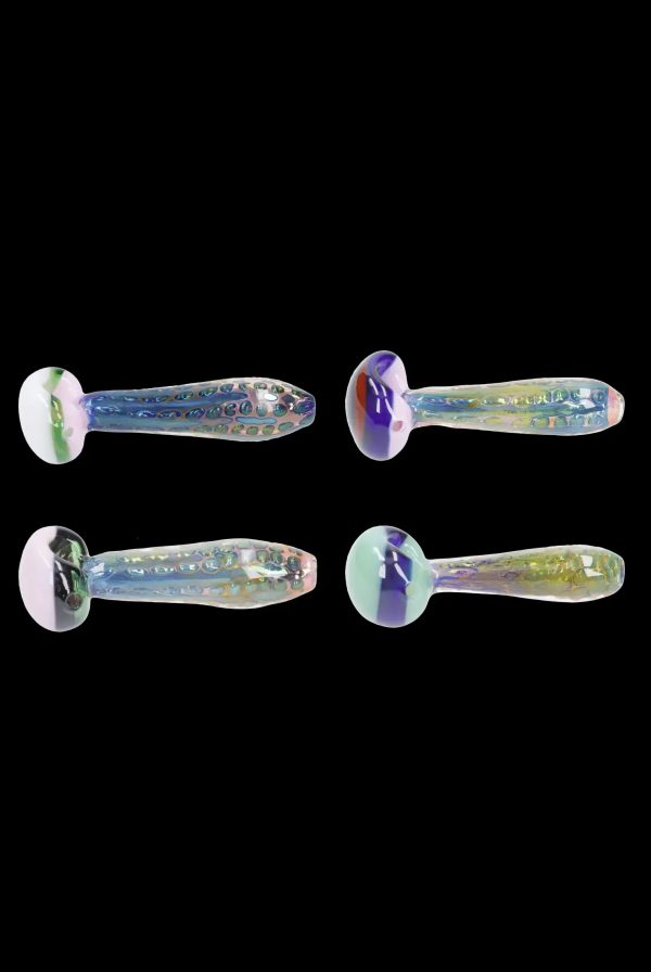 Four colorful glass oil rigs with rounded bases and mouthpiece tips, displayed against a black background.