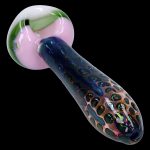 Hand-blown glass pipe with pink and green swirl mouthpiece and a speckled dark blue and bronze body.