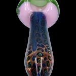 Hand-blown glass pipe with colorful swirls and speckled pattern.