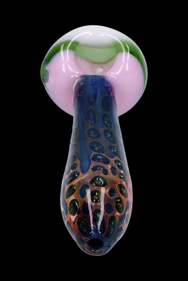 Hand-blown glass pipe with colorful swirls and speckled pattern.