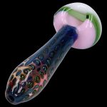Handblown glass pipe with colorful, speckled pattern.