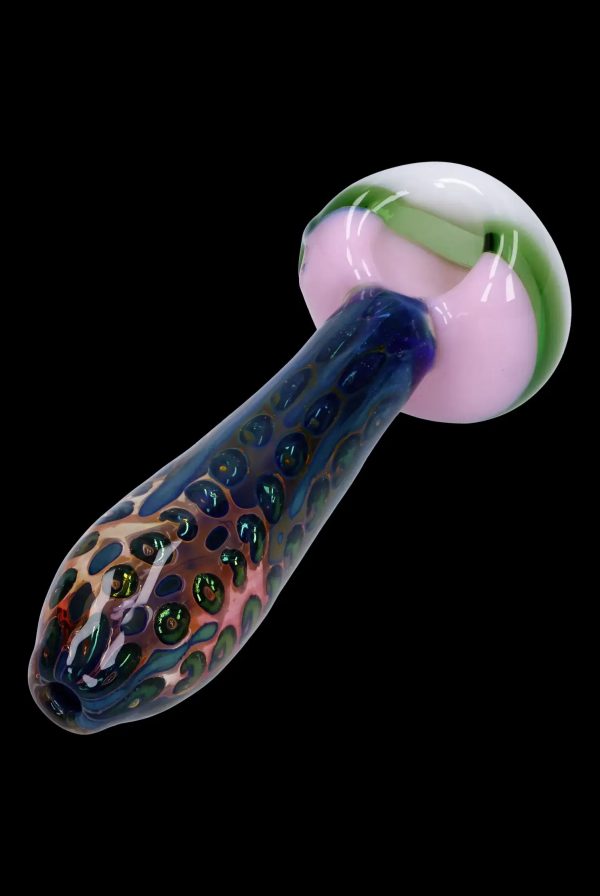 Handblown glass pipe with colorful, speckled pattern.