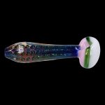 Hand-blown glass cannabis pipe with speckled, colorful design.