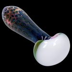 Hand-blown glass pipe with colorful speckled pattern and spherical bowl.