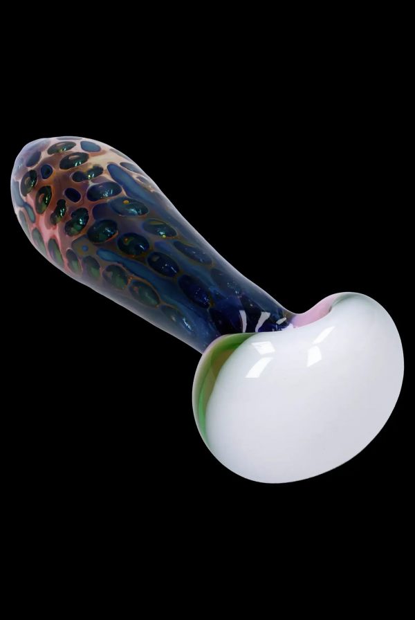 Hand-blown glass pipe with colorful speckled pattern and spherical bowl.