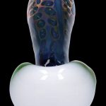 Glass bubbler with blue and green speckled design.