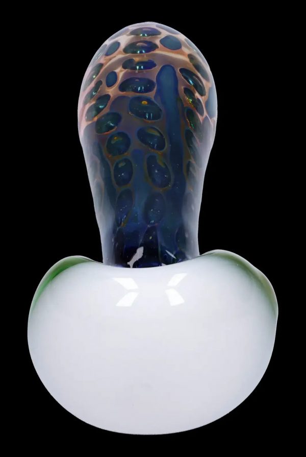 Glass bubbler with blue and green speckled design.