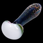 Hand-blown glass cannabis pipe with iridescent blue and green swirls.