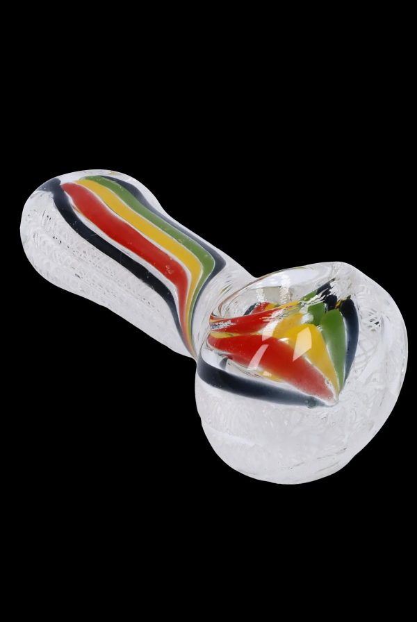 Clear glass pipe with red, yellow, and green swirls.