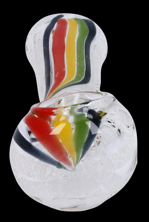 Clear glass oil burner pipe with red, yellow, and green stripes.