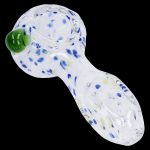 Glass cannabis pipe with speckled white and blue pattern.