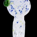 Glass cannabis pipe with blue and green speckled pattern.
